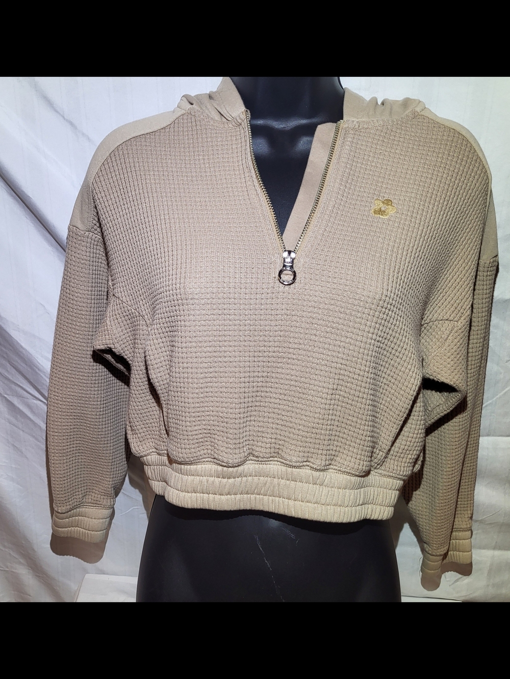 Vintage Limited Too Beige Waffle Knit Half-Zip Hoodie with Flower - Picture 2 of 5